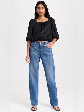 AYR The Midsummer Top Black Japanese Crinkle Cotton Puff Sleeve Blouse small